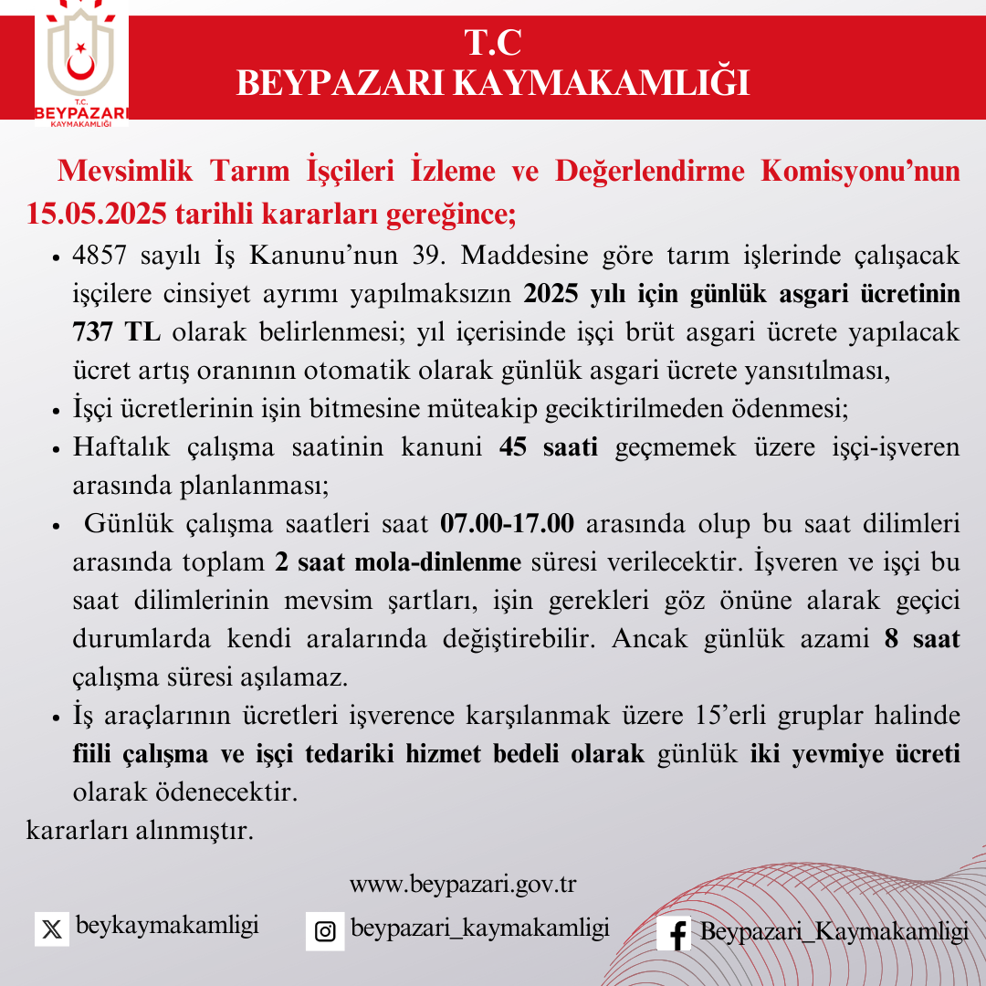 Beypazarı Kaymakamlığı Mevsimlik Tarım İşçileri İzleme Değerlendirme Komisyonu Kararı